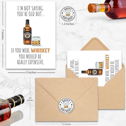 Funny Birthday Card for Men, Husband, Him, Boyfriend, Humorous Bday Gifts For 40th 50th 60th 70th 80th, Whiskey Greeting Birthday Card Premium Quality Cardstock, Kraft Envelope & Sticker