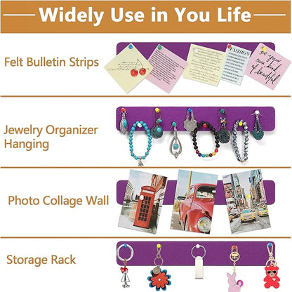 Felt Pin Board Bar Strips Bulletin Board for Bedrooms Offices Home Wall Decoration, Notice Board Self Adhesive Cork Board with 35 Push Pins for Paste Notes, Photos, Schedules (Purple)