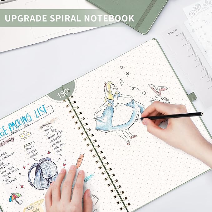 AHGXG Bullet Dotted Journal Spiral Notebook 8.5" x 11", Large A4 Leather Hardcover Dotted Notebook, 100 GSM Thick Dot Grid Paper, Inner Pocket, for Bullet Journaling, Sage Green