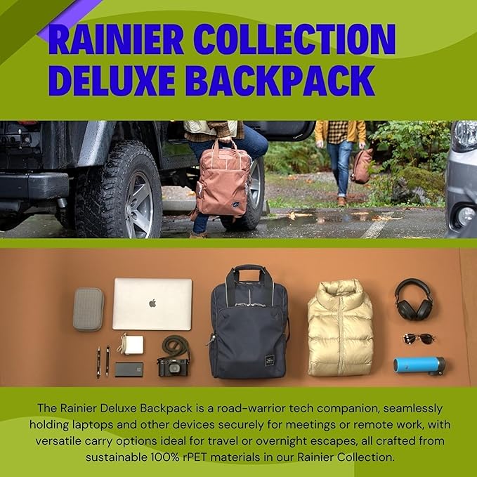 Skyway Luggage Rainier Deluxe Backpack, Eco-Friendly, Made of 100% rPET Travel Laptop Bag for Women & Men, Flight Approved Carry On Backpack, 17L, Crater Black