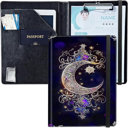 PU Leather Padfolio Clipboard Notepad with Pen Loop and Elastic Strap Interview/Resume Document Organizer for Business School Office,Moon Star Galaxy Floral