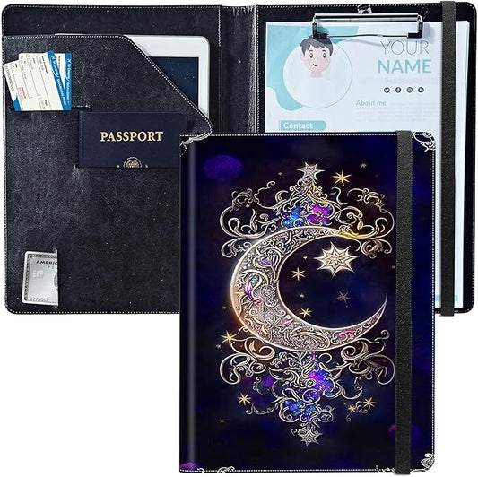 PU Leather Padfolio Clipboard Notepad with Pen Loop and Elastic Strap Interview/Resume Document Organizer for Business School Office,Moon Star Galaxy Floral