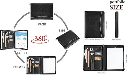 Personalized Leather Portfolio Padfolio with Zipper, Professional Business Portfolio with A4/US letter Writing Pad holder for Resume, Interview, Leather Portfolio for Men and Women, Black, Customized
