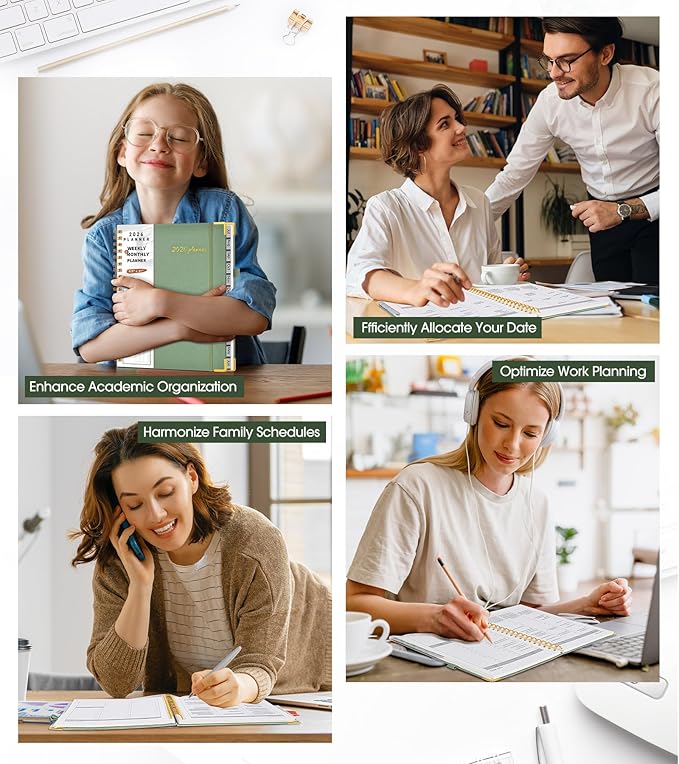 2026 Planner, Weekly and Monthly Calendar Planner from January 2026 - December 2026, 8.5" x 11" Hardcover Leather Hourly Appointment Book with Tabs, Spiral Daily Planners for College School Work Home, Green