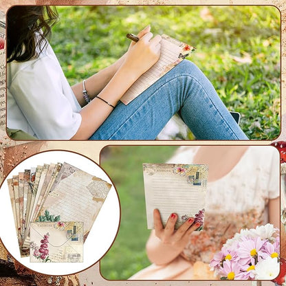 TaoBary 160 Packs Stationery Paper Set (50 Double Sided Stationery Writing Papers 50 Matching Envelopes) 60 Round Dot Sticker, 10 Design(5.5 x 8.25 Inch,Nature Vintage Style)