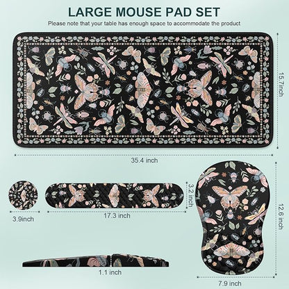 iLeadon Large Mouse Pad and Keyboard Wrist Rest,4in1 Desk Pad Set for Computer Keyboard,Long Floral Mouse Pad XXL+Cup Coaster with Non-Slip Base for Home Office,Black Insect