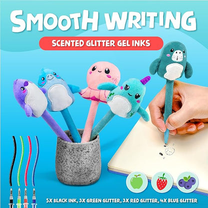 BUNMO Easter Gifts for Girls - Cute Pens - Cute Gel Pens w/Soft Grip & 10 Refills - Gifts for Tweens- Girls Easter Basket Stuffers - Fun Writing for Kids - Gift for Teens - Plush 5 Pack