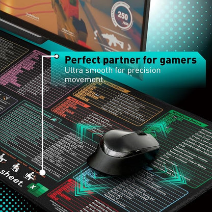 Excel Shortcut Keys Mouse Pad - Extended Large XXL Cheat Sheet Gaming Mousepad | PC Office Spreadsheet Keyboard Mat | Non-Slip Stitched Edge