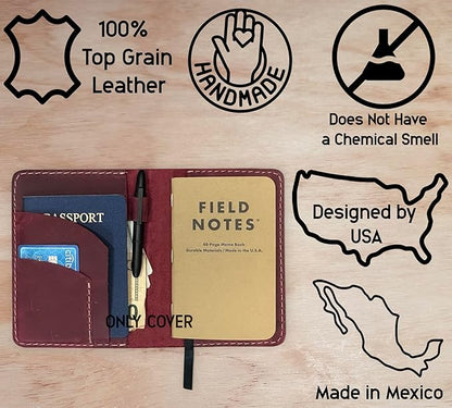 Thot Ra Leather Cover for Field Notes, Passport Cover, Leather Notebook Cover for 3.5" x 5.5" with Pen Holder, Only Cover (Wine)