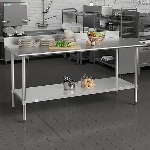 Flash Furniture Reese Commercial Stainless Steel Prep/Work Table for Back Kitchen, 430 Stainless Steel, 18 Gauge, Adjustable Shelf, 4" Backsplash, 30" x 72"