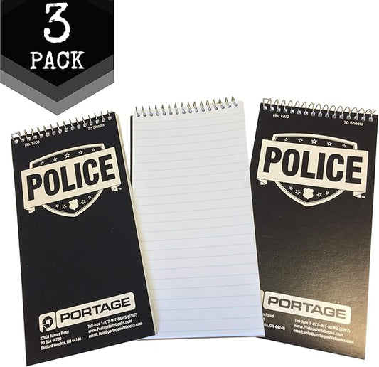 Portage Public Safety Police Notebook – Top Bound Spiral Notebook, Writing Pad for Interviews, Accidents & Incident Reports, Field Notes Book for Police – 4x8 In, 70 Sheets, 3 Pack