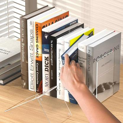 Acrylic Bookends 4 Pcs, Clear Book Ends for Shelves, Transparent Bookend Organizer, Book Holder Stand Decorative, Book Stoppers for Heavy Duty Books, CD, File, Video Games