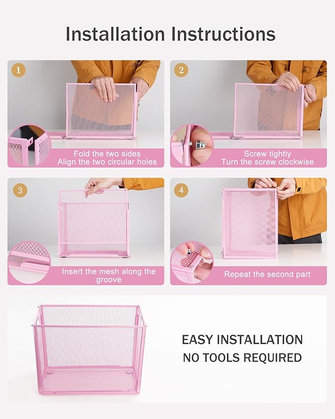 Oterri Hanging File Organizer, Metal File Organizer, Portable Desktop File Organizer for Letter Size Folder, Mesh Hanging File Crate for Office,Folders Not Included(Fairy Pink,1 Pack)