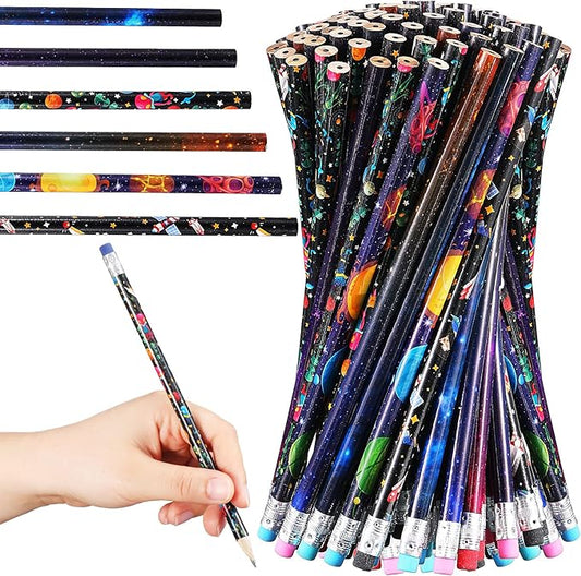 Geyee 36 Pcs Space Pencils Hawaiian Shark Themed Party Favors Assorted Novelty Fun Wood Writing Pencils with Erasers for Birthday Party Teacher Supplies(Space)