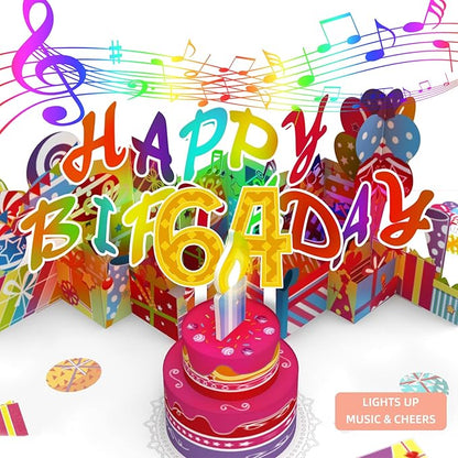 Gumry 64TH Musical Birthday PopUp Card, Blowable Colorful Light Candle 3D Cards with Song, Applause Cheers Sound, Greeting Cards Birthday Gifts Decorations for Women Men Turning 64 Years Old