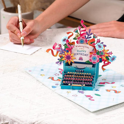 Paper Love Birthday Pop Up Card, Happy Birthday Typewriter, For Adults or Kids - 5"x7" Cover - Includes Envelope and Note Tag