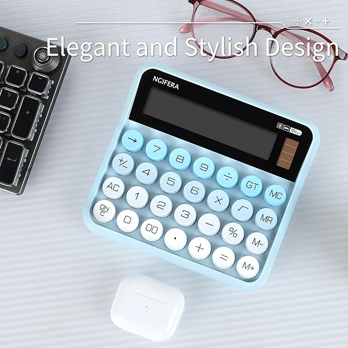 True Mechanical Switch Calculator,12 Digits, Large LCD Display,Big Buttons,Solar and Battery Dual Power Mechanical Keyboard Desktop Calculators,Cute and Aesthetic (Blue Gradient, Large)