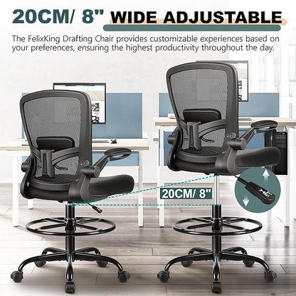 FelixKing Drafting Chair Ergonomic Tall Office Chair, Breathable Mesh Chair with Adjustable Footrest Ring Lumbar Support Flip-up Armrests, High Back Executive Comfy Task Computer Chair for Home Office