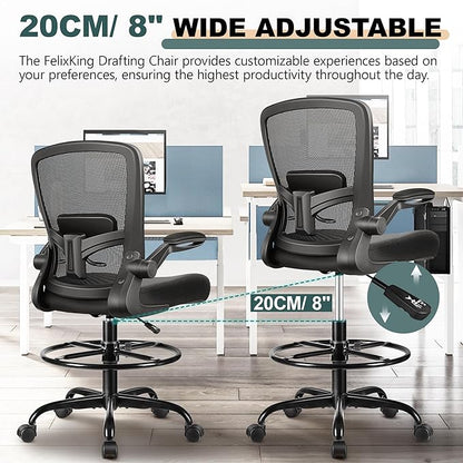 FelixKing Drafting Chair Ergonomic Tall Office Chair, Breathable Mesh Chair with Adjustable Footrest Ring Lumbar Support Flip-up Armrests, High Back Executive Comfy Task Computer Chair for Home Office