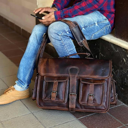 cuero Leather Messenger Bag for Men, 14 Inch Laptop Bag, Crossbody Bag Men, Vintage Handmade Leather Satchel Bag Men, Full Grain Business Briefcase Shoulder Bag for Office/Work/Travel - Brown