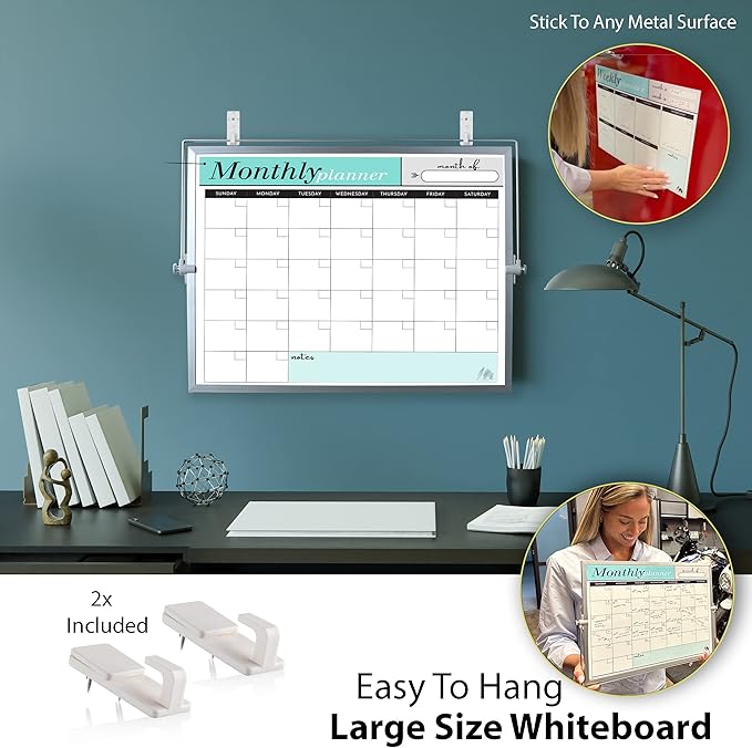 Weekly Dry Erase Board Black Frame, Desktop Calendar White Board with Weekly & Monthly Planners 12x16 inch, Magnetic to Do List with Stand, 6 Markers and Eraser. Whiteboard for Home and Office Desk