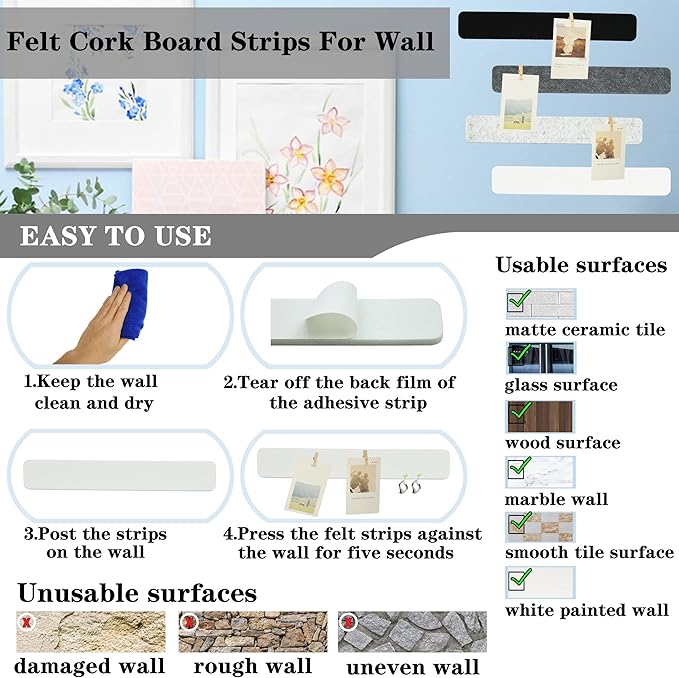 8Pcs Bulletin Board Strips, Black White Grey Felt Pin Board Bar Strips with 50 Pushpins, Self-Adhesive Felt Cork Board Strips for Wall to Display Your Notes, Photos, Schedules, Announcements