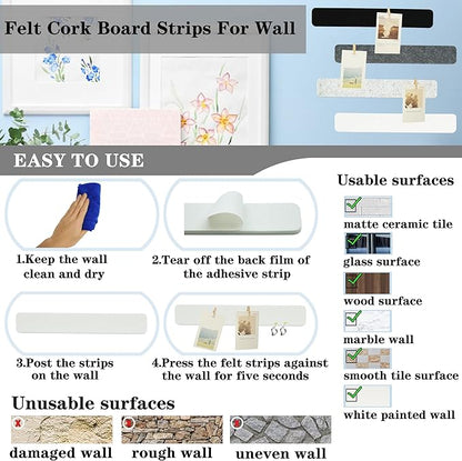 8Pcs Bulletin Board Strips, Black White Grey Felt Pin Board Bar Strips with 50 Pushpins, Self-Adhesive Felt Cork Board Strips for Wall to Display Your Notes, Photos, Schedules, Announcements