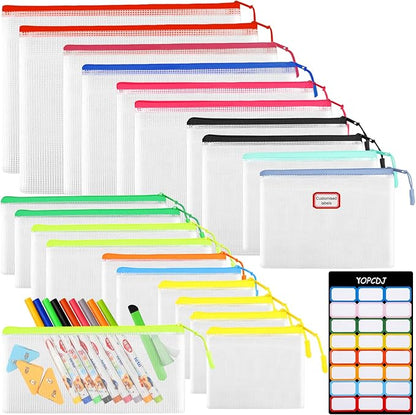 20pcs Mesh Zipper Pouch Bags, Zipper Bags for Office Supplies,12 Colors for Puzzles Board Game Storage, 8 Sizes for Reusable Plastic Zip Organizer for Travel