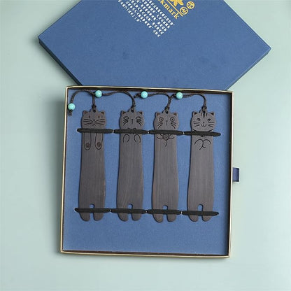 Wood Cat Bookmarks - Set of 4 Cute Bookmarks Aesthetic, Wooden Bookmarks Anime Cat Bookmark for Women Girl Kids, Kawaii Bookmark for Book Lover Cat Lover Friends Best Gifts (Black Sandalwood)