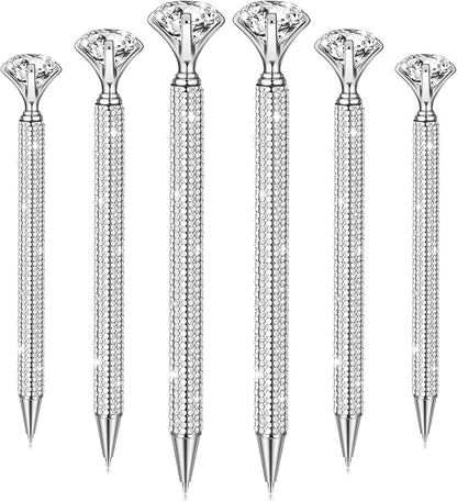 Jeyiour 6 Pcs Big Diamond Pens with Crystal Bling Rhinestone Metal Glitter Diamond Ballpoint Black Ink Pens Wedding Bridal Shower Favors for Birthday Gift Supplies(Silver)
