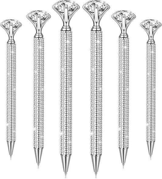 Jeyiour 6 Pcs Big Diamond Pens with Crystal Bling Rhinestone Metal Glitter Diamond Ballpoint Black Ink Pens Wedding Bridal Shower Favors for Birthday Gift Supplies(Silver)