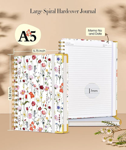Cute Spiral Notebook Journal for Women, 160 Pages Lined Notebooks 5.75” x 8.38”, A5 Hardcover Spiral Journal with 100 GSM Thick Paper, College Ruled Notebook for Writing Work School, Wildflower Garden