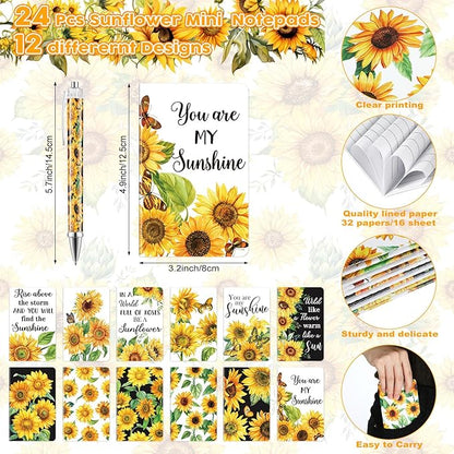 Pasimy 48 Pcs Sunflower Notebooks and Pen Set, Sunflower Mini Notepad Sunflower Party Ballpoint Pen Vintage Sunflower Gift Favor for Office Home Summer Sunflower Birthday Party Gift Supplies Decor
