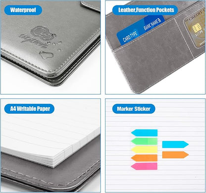 A4 Padfolio Portfolio Leather Binder,Business Interview Legal Document Organizer with Magnetic Closure Cover with Letter Sized Papers,Sticky Tabs,Pen for Legal Pad Holder Paperwork Men Women(Grey)