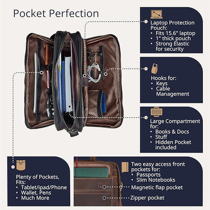 Luxorro Full Grain Leather Briefcase for Men, Top Choice Gifts for Men, Handcrafted Leather Laptop Bag with Multiple Compartments and Brass Hardware, Fits 15.6 Inch Laptop
