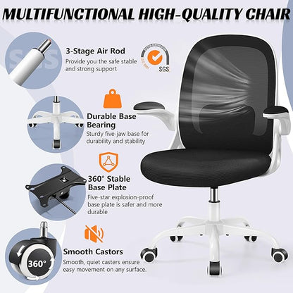 Office Chair Ergonomic Desk Chair with Adjustable 3D Lumbar Support and Height, Comfy Mesh Computer Chair with Flip-up Armrests, Swivel Rolling Task Chair with Wheels for Home Office (White)
