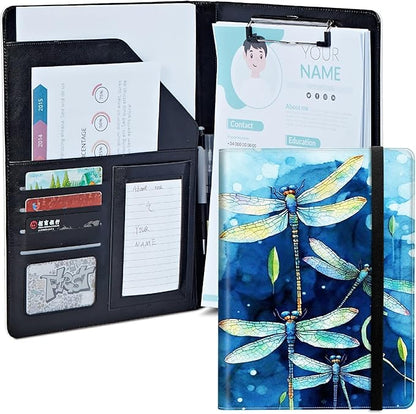 Dragonfly Padfolio Folder with Clipboard,Portfolios Organizer Clipboards with Storage Clipboard Writing Pad PU Leather Conference Document Organizer with Business Card Holder