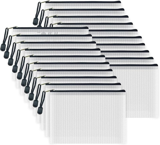 AUSTARK 20 Pcs Zipper File Bags, Plastic Mesh Pouch, Board Game Storage, Waterproof Bags for Office School (B6 Size 7.6''x5.3'', White and Black)