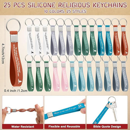 25 Sets Christmas Christian Church Gifts Bulk Bible Verse Plastic Gel Pen Religious Silicone Keychains Scripture Bookmark 2''x 6'' Emergency Numbers Bible Bookmarks Gift Pastor(Colorful)