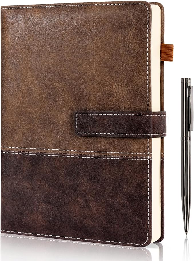 Leather Notebook Journal with Pen, A5 Lined Hardcover Notebook with Magnetic Closure, 240 Pages Daily Journal for Men Women, Ruled Journal Notebooks for Work, Writing, Note Taking - Brown