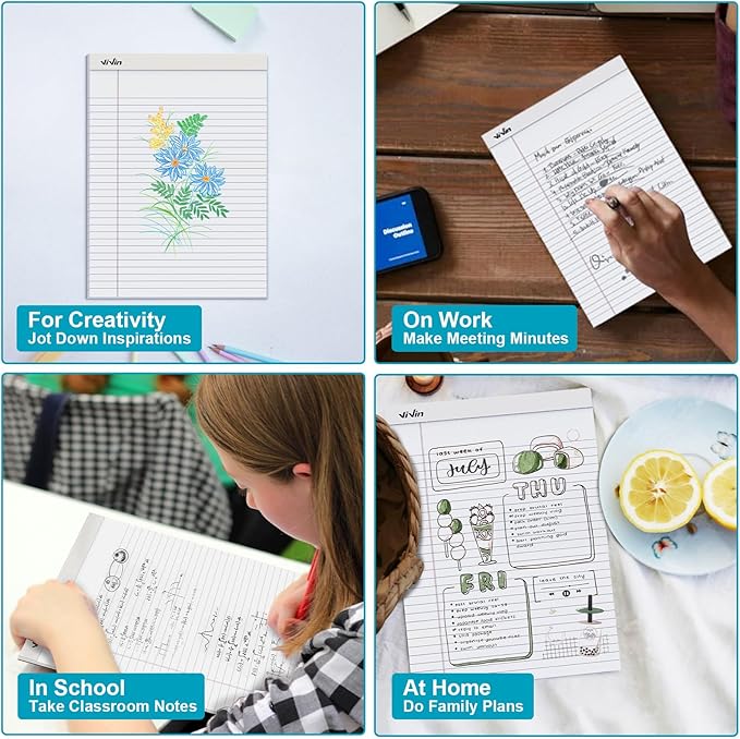 ViVin Legal Pads 8.5 x 11 Inch, Wide Ruled Note Pads, 12 Pack, 50 Sheet/Pad, Perforated Writing Pads, Notepads for Office Home School, 600 Sheets (12 Pack of 50), White Paper