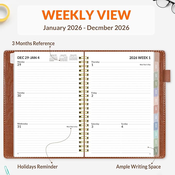 SUNEE 2026 Weekly & Monthly Planner 6.4"x8.5"- 12 Month (January 2026 - December 2026), Vegan Leather Cover, Pocket, Bookmark, Notes, Monthly Tab, Brown
