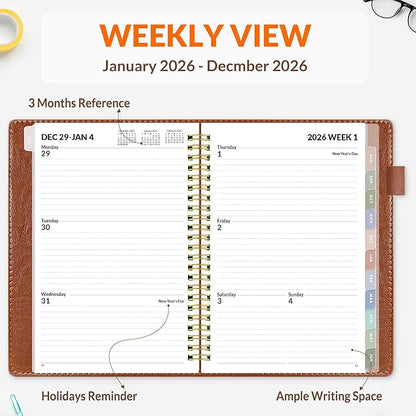 SUNEE 2026 Weekly & Monthly Planner 6.4"x8.5"- 12 Month (January 2026 - December 2026), Vegan Leather Cover, Pocket, Bookmark, Notes, Monthly Tab, Brown