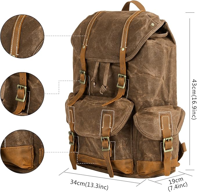 Backpack for Men Heavy Duty Waxed Canvas Vintage Women Trim Casual 15.6" laptop Travel Backpack-Brown