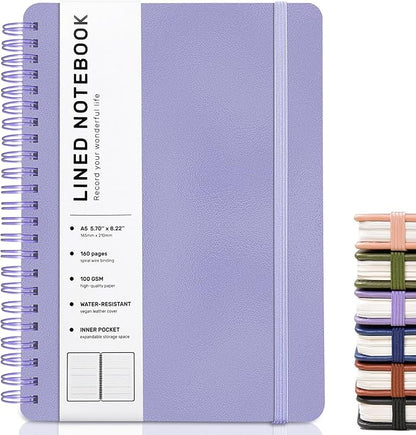 ABERLLS Purple Lined Spiral Journal Notebook with 160 Pages, 8×5.7in, A5 Spiral Notebook, Journaling Notebooks for Work, School, Women, Men, College Ruled Spiral Notebook, Hardcover Leather Journals