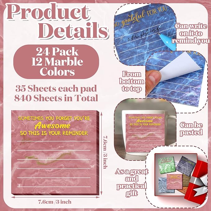 Yinder 24 Pcs Employee Appreciation Sticky Notes Thank You Gifts Bulk Note Pads with Sayings Teacher Gift Mini Pocket Inspirational Notepads for Coworker Office Supply 3 x 3''(Marble,Thanks)