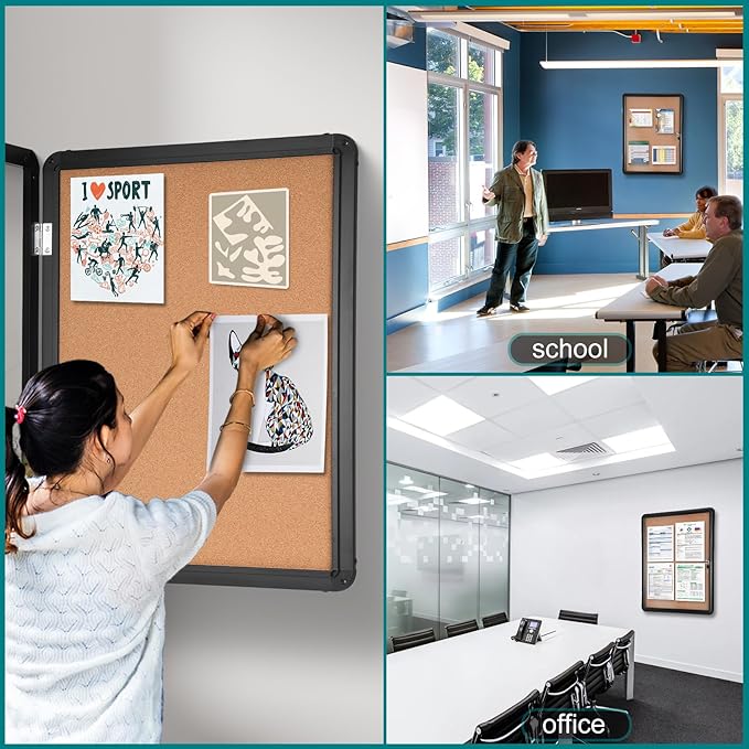 Magula 24"x18" Enclosed Cork Bulletin Board Tamper-Proof Dispaly Case, Black Aluminium Frame, Shatter Resistant Lockable Bulletin Board, Enclosed Cork Board for School, Office,Commercial,Hospital etc