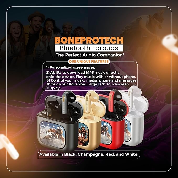 Bluetooth Smart Touch Earbuds, Customizable Screen Saver, MP3 Player, Control Social Media, Calls and messeges, ENC Noise Reduction, Built-in mic, Advanced V5.3 Technologies (White)