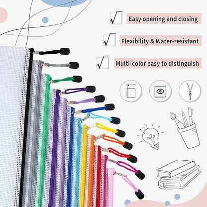 EOOUT 72pcs Mesh Zipper Pouch, A4 Size, 12 Colors Zipper Bags for Organizing Storage, Waterproof Puzzle Bag, Zipper File Bags for Board Games and School Office Supplies