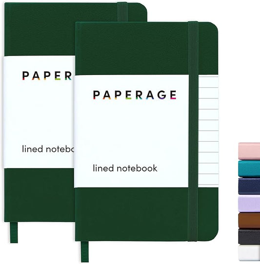 PAPERAGE Lined Pocket Journal Notebook, 2 Pack, (Dark Green), 160 Pages, Small Notebook, 3.6 inches x 5.6 inches - 100 GSM Thick Paper, Hardcover
